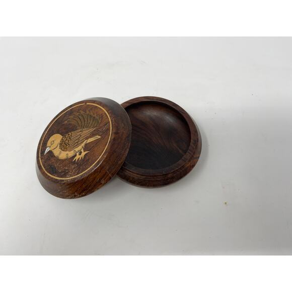 Vintage Handmade Round Wood Bird Trinket Miniature Jewelry Box - Picture 3 of 5